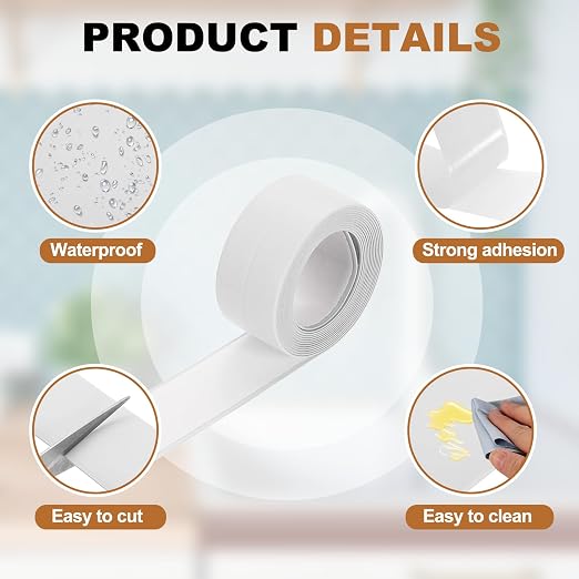 uxcell Caulk Tape Waterproof, 0.83 Inch x 4.92 ft Self-Adhesive Sealant Sealing Strip Caulking Sealant Tape PVC with Tool for Kitchen Sink Toilet Bathroom Bathtub Floor, White