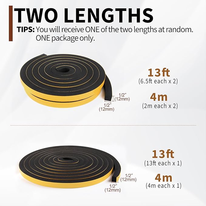 Yotache Self Adhesive Foam Gasket Tape 1/2" W X 1/2" T (New Adhesive Craft) for Doors Soundproofing Weather Seal Strip Insulation, 13 Ft Length