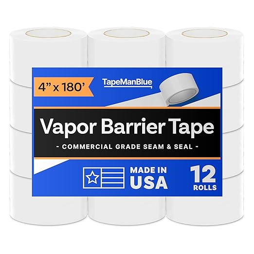 Vapor Barrier Tape - 4 inch x 180' Roll, Made in USA, White Polyethylene Tape for Crawl Spaces & Moisture Barriers, Waterproof Seal & Seam Tape for Underlayment, Insulation, and Plastic Liners (12)