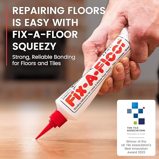 Pack of 2 - The Original Fix-A-Floor Squeezy All-in-One Repair Adhesive for Loose, Hollow, Creaky Tiles & Wood. Just Drill & Fill! Easy Squeezy! Made in The USA!