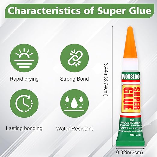 WOUSEDO 24 X 3g Super Glue Clear, Strong Adhesive,Super Glue Fast Drying Cyanoacrylate Glue for Wood,Rubber,Leather, Plastic, Metal, Rhinestone Jewelry, DIY Crafts and More
