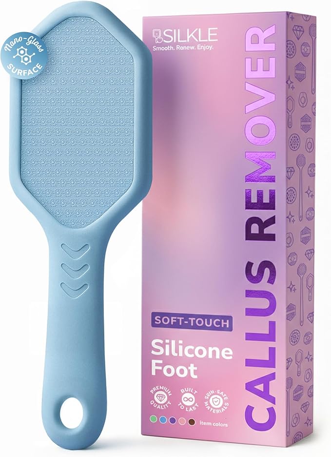SILKLE Nano Glass Foot File - Silicone Foot Callus Remover for Feet and Cracked Heels - Heel Scraper for Dead Skin - Ergonomic Foot Scrubber & Exfoliator for Shower with Non-Slip Grip - Blue