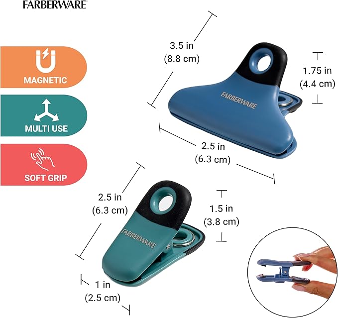 Farberware Pro 4-Piece Bag Clip Set (Blue & Green) - Durable Magnetic Clips for Kitchen Essentials, Pantry Accessories, Food Storage, Office Notes, Coupons, Home Organization
