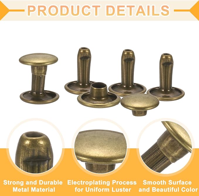 uxcell 120Set Leather Rivets, 12mm Double Cap Rivet Tubular Metal Studs Repairs Decoration Craft Accessories for Repair Decorate Leather Craft Belt Bag Shoes Purse Belts, Bronze