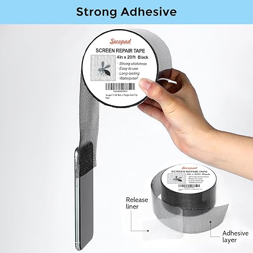 Secopad Black Window Screen Repair Tape, 4 in X 20 FT (240IN) Kit for Windows or Doors, Strong Adhesive Patch Fiberglass Mesh Repair