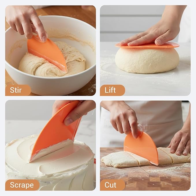 3PCS Dough Scraper Set, Plastic Bread Dough Scraper Tool, Flexible Bowl Scraper with Curved Edge, Kitchen Bench Scrapers for Bread Sourdough Cake Batter Pastry Cheese, Orange