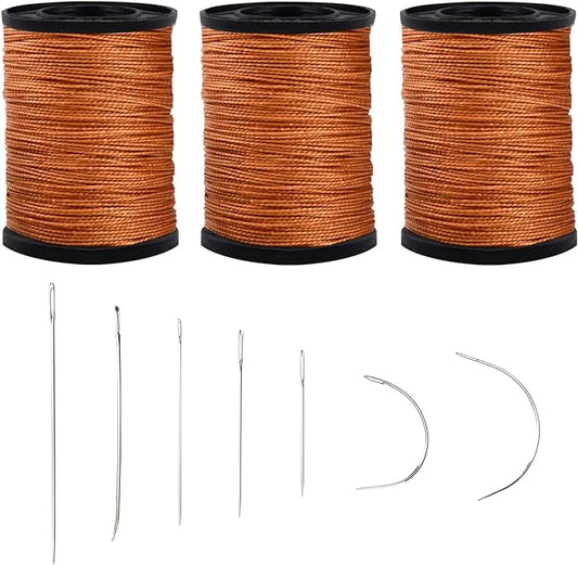 Topus Extra Strong Upholstery Repair Sewing Thread Kit and Heavy Duty Household Hand Needles, Including 7 Styles of Leather Canvas Sewing Needles and 3 Rolls Nylon Thread (70 Yard of Each Roll), Brown