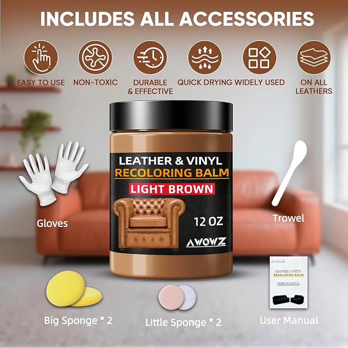 Leather Recoloring Balm, Leather Couch Repair Kit, Leather Restorer for Couches, Leather Scratch Repair, Leather Recoloring Balm for Faded & Scratched Leather Couches (Light Brown (Tan), 12 OZ)