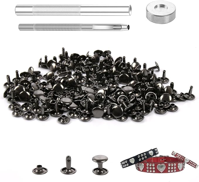 100 Sets Leather Rivets 8x10mm Double Cap Rivets Snaps Metal Studs Fasteners with 3pcs Setting Tools for Leather Craft DIY Repair Decoration, Gunmetal