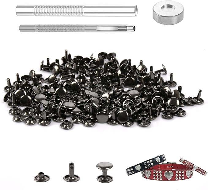 100 Sets Leather Rivets 10x10mm Double Cap Rivets Snaps Metal Studs Fasteners with 3pcs Setting Tools for Leather Craft DIY Repair Decoration, Gunmetal