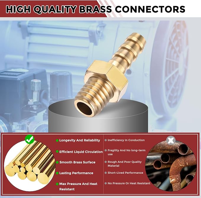 Pack of 8 Brass Hose Barb Fittings Adapter Connector 4mm Hose Barb to M6x1 Male Fittings for Home Machines, Massage Bathtubs, and Irrigation Systems