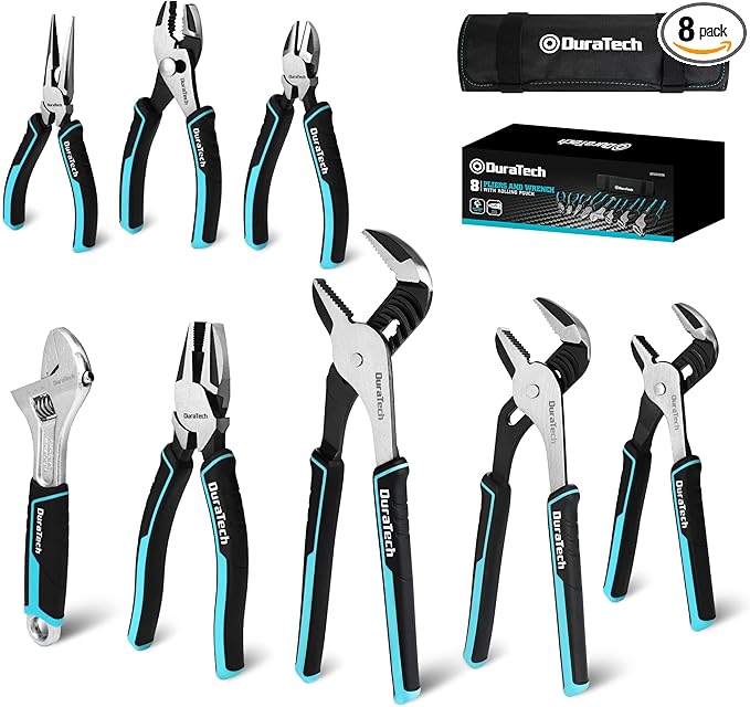 DURATECH 8-Piece Pliers Set with Rolling Pouch, Premium Cr-V/Cr-Ni Construction, (12", 10", 8" Groove Joint Pliers, 8" Adjustable Wrench, 8" Linesman, 6" Long Needle Nose, 6" Slip Joint, 6" Diagonal)