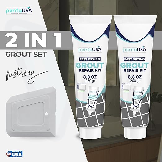 PentaUSA Premixed Tile Grout Repair Kit 2 Pack - Gray Acrylic Sanded Grout Filler for Bathroom, Shower, Kitchen Tile Water-Resistant Tubes with Applicator, Fast Drying, Total (2 x 250g / 17.6oz)
