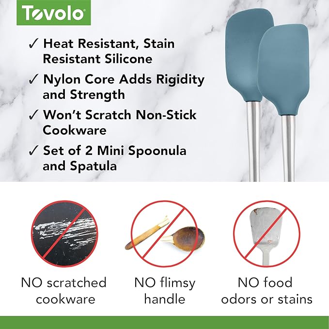 Tovolo Flex Core Silicone Spatula Spoonula Set of 2 for Non Stick Cast Iron Cooking & Baking, Dishwasher Safe Heat Resistant BPA Free Long Stainless Steel Handle Kitchen Utensil, Blue Slate