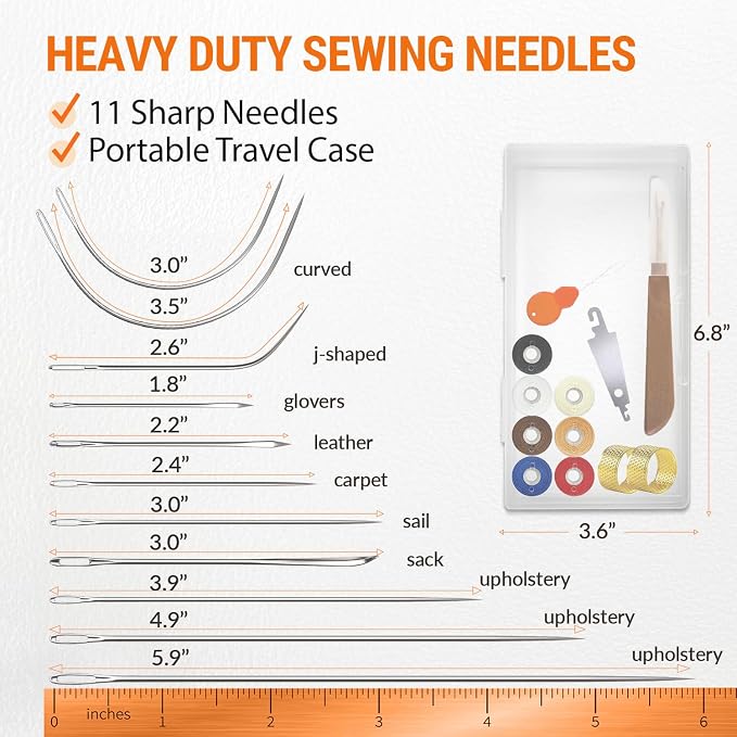 VONEEDL Heavy Duty Sewing Needles (11 PCS) & Waxed Thread (7 Colors) - Upholstery Repair Kit for Leather, Canvas, Quilting & More