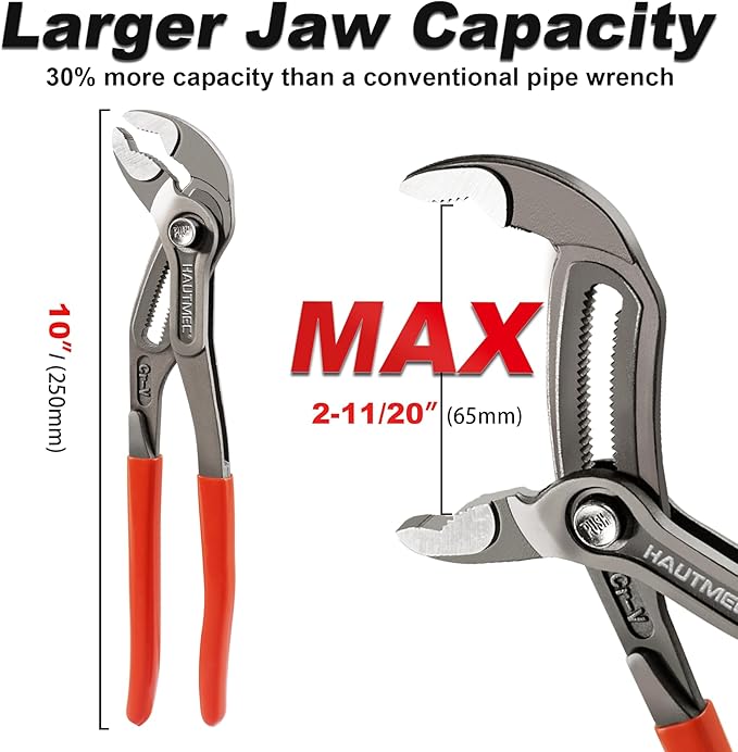 HAUTMEC 10-Inch Water Pump Pliers, Fast Adjustable Tongue and Groove Joint Pliers, V-Jaw with Comfort Grips, Rust-Proof CRV Steel Construction for Plumbing, Home Repair, and Pipe Fittings HT0367-PL