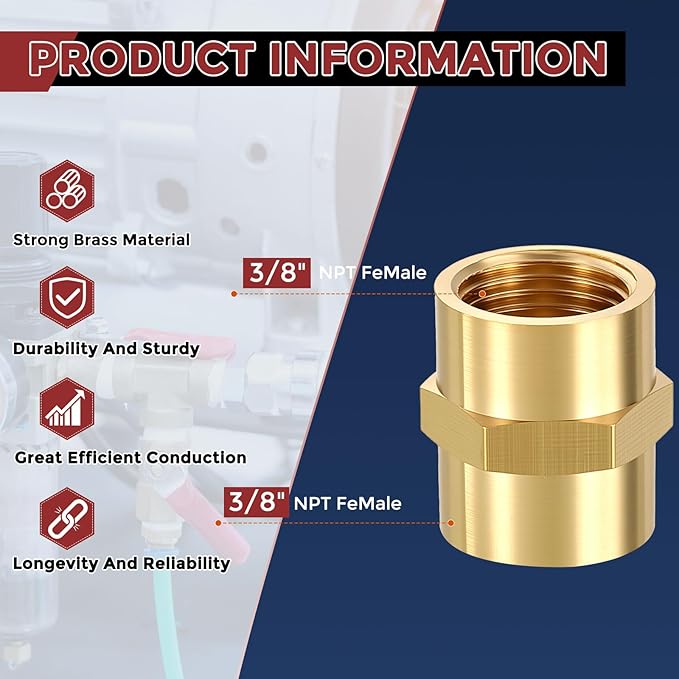 Pack of 6, 3/8" NPT FeMale to 3/8" NPT FeMale Solid Brass Pipe Fitting Coupler, Brass Coupling Hose Fittings Adapter for Pipe Leak Repair, Bathroom Remodeling, Tool Extensions