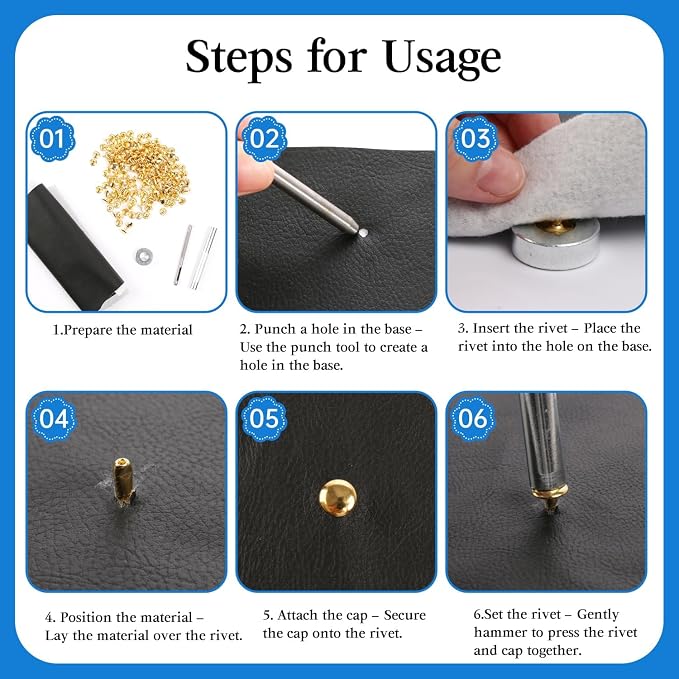 100 Sets Leather Rivets 8x10mm Double Cap Rivets Snaps Metal Studs Fasteners with 3pcs Setting Tools for Leather Craft DIY Repair Decoration, Gold Tone