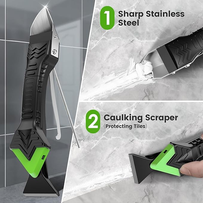 5-in-1 Silicone Caulking & Grout Tool Kit – Multi-Purpose Sealant Finisher with Grout Scraper, 6 Reusable Silicone Pads & Adhesive Removal for Kitchen, Bathroom & Window Seams