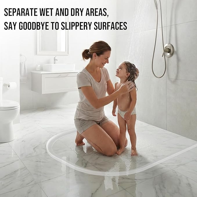 Shower Threshold Water Dam Barrier - Versatile, Silicone Shower Water Guard Stopper Seal Strip for Bathroom Floor, Bathtub Rim, Kitchen Countertop (Transparent, 138 In/ 3.5M)