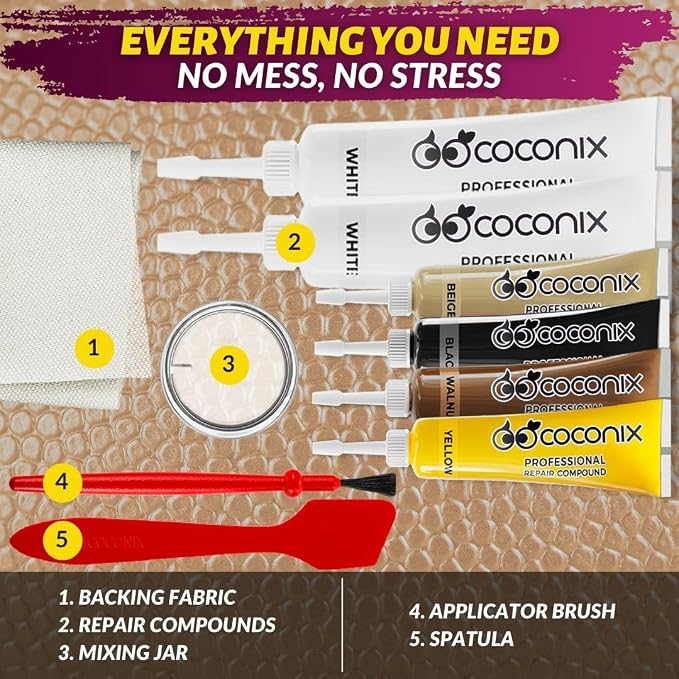 COCONIX Leather & Vinyl Repair Kit - White & Naturals | Fix Tears, Holes, Scratches, and Peeling on Leather and Vinyl Furniture, Car Seats, and Jackets | Easy Application with Customizable Colors