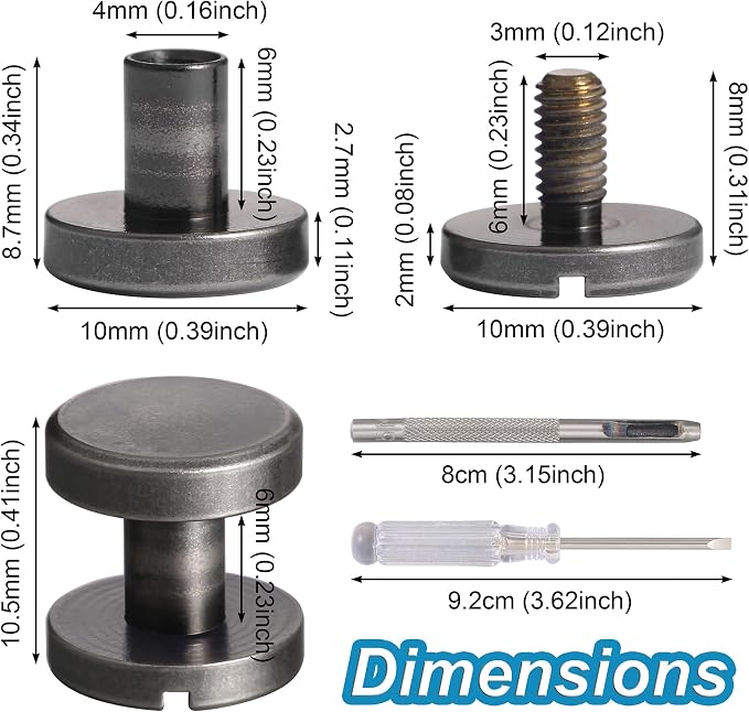 6 Sets 10x6MM Brass Chicago Screws Rivets for Leather Binding Screws Studs Purse Hardware Spikes and Studs for Repair Decorate Clothing Shoes Belt Collar Leather Craft (Antique Silver)