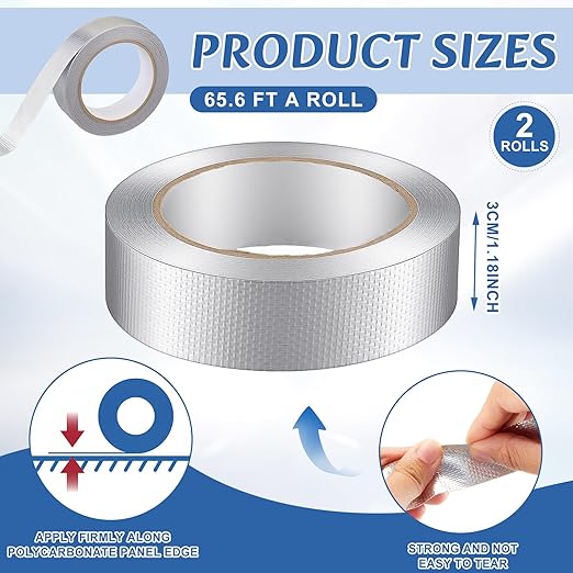 Fuyoooo 2 Roll 1.18in x 131 ft in Total Aluminum Polycarbonate Tape, Heavy Duty Waterproof Sealing Insulation Greenhouse Tape, Self Adhesive UV Heat Resistant for Greenhouse Roofing Outdoor Repairs