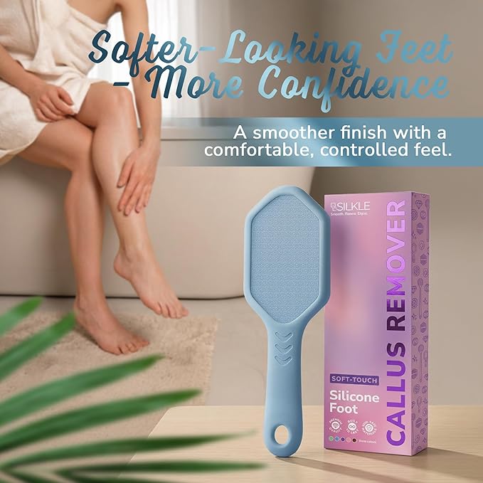 SILKLE Nano Glass Foot File - Silicone Foot Callus Remover for Feet and Cracked Heels - Heel Scraper for Dead Skin - Ergonomic Foot Scrubber & Exfoliator for Shower with Non-Slip Grip - Blue