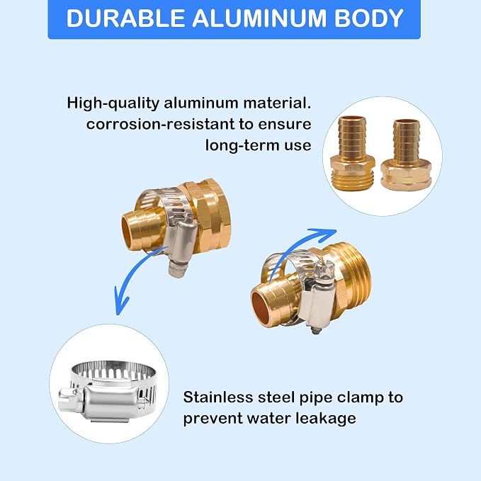 Hourleey Garden Hose Repair 1/2 Inch, Aluminum Mender Hose Connector Fitting with Clamp, Fit 1/2" Male & Female Hose Connector, 5 Sets
