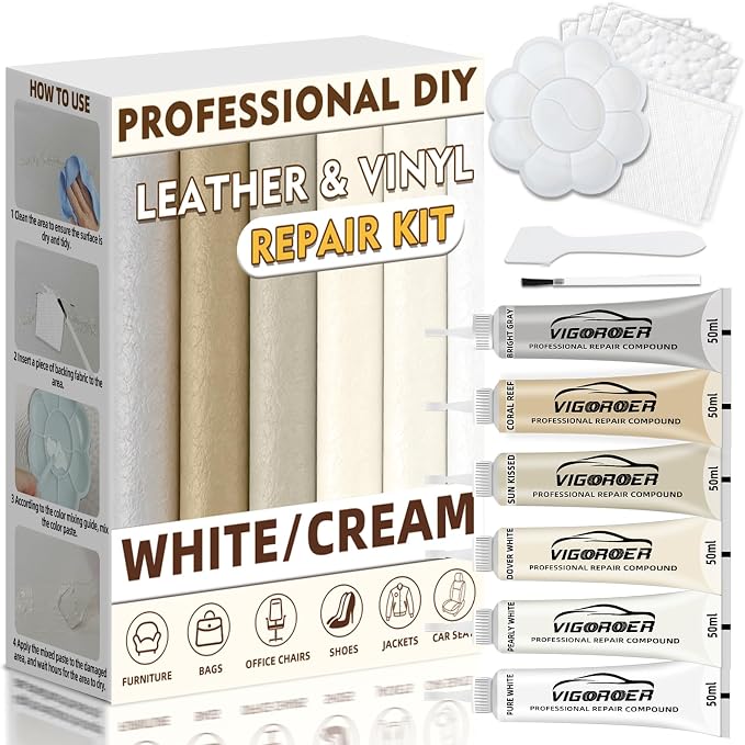 Vigorder Cream Leather Repair Kit for Furniture, Vinyl Repair Kit for Car Interior, Sofa, Jacket, Purse – Super Easy Instructions to Fix Scratches, Tears, Holes, and Peeling