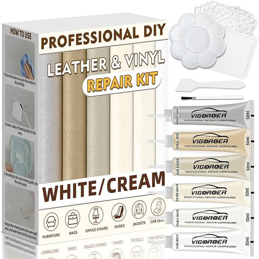 Vigorder Cream Leather Repair Kit for Furniture, Vinyl Repair Kit for Car Interior, Sofa, Jacket, Purse – Super Easy Instructions to Fix Scratches, Tears, Holes, and Peeling