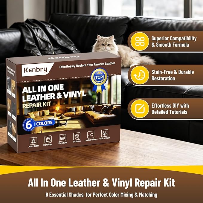 Kenbry Leather Repair Kit, Vinyl Repair Kit for Car Seat, Couch & Furniture, Leather Filler & Scratch Repair for Auto Interior, Leather & Vinyl Restoration
