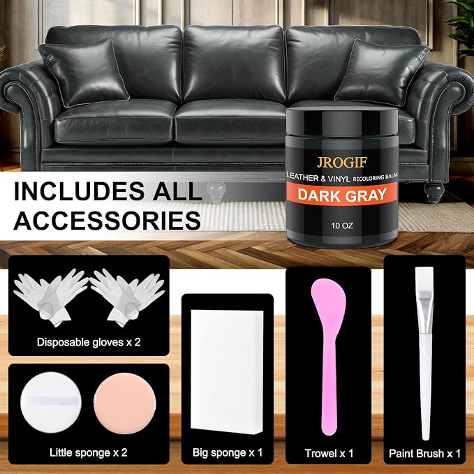 Leather Recoloring Balm, Leather Repair Kit for Furniture, Leather Dye Color Restorer for Couches, Leather Scratch Remover, Leather Paint for Furniture, Leather Couch Paint Repair (10 OZ DARK GRAY)