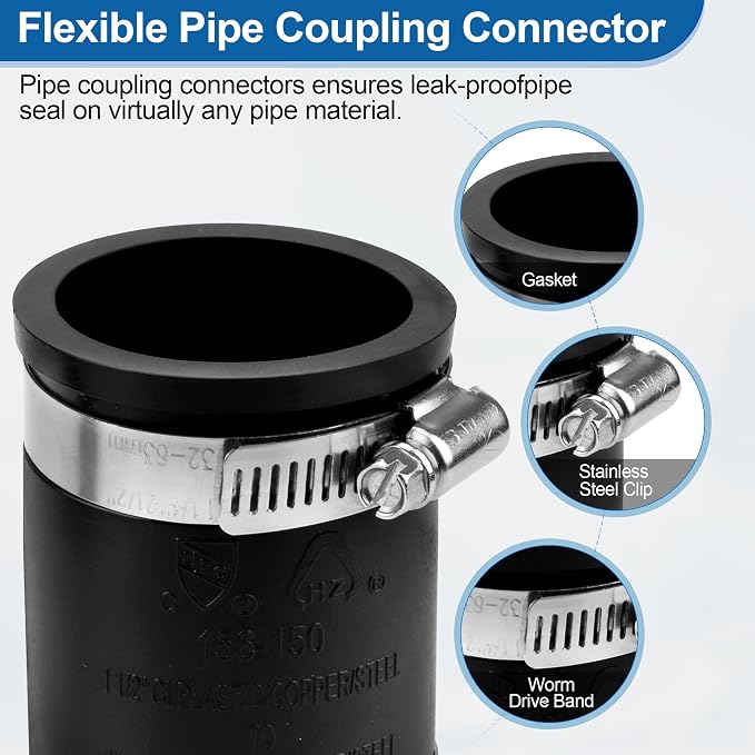 Flexible PVC Pipe Coupling Connector Replacement, for 1-1/2" Nominal Pipes, 1.9" ID Flexible PVC Condensate Pipe Coupling with Stainless Steel Hose Clamps, Schedule 40 Pipes Connector