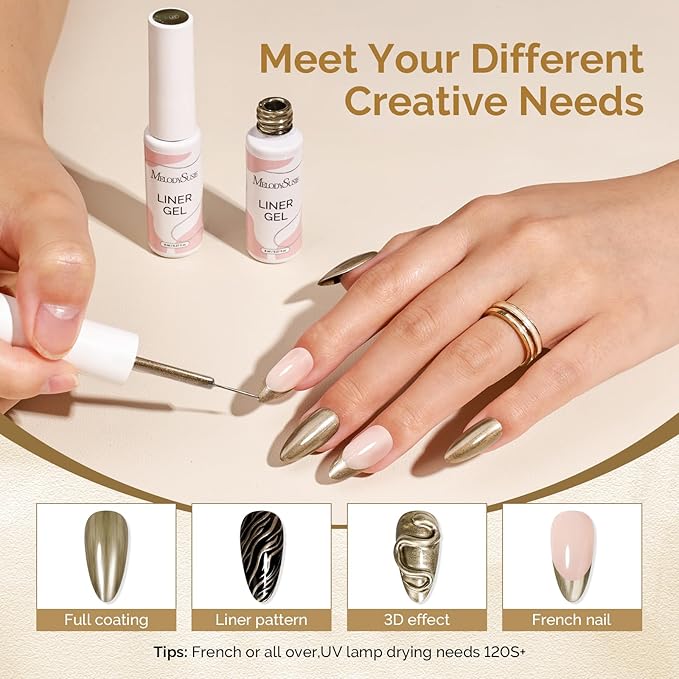 MelodySusie 8ML Bronze Gold Gel Liner Nail Art Polish Mirror Chrome 3D Effect,for Line and Patterns of Painting,French Nail Tips,DIY Manicure Pedicure for Home DIY Salon Use