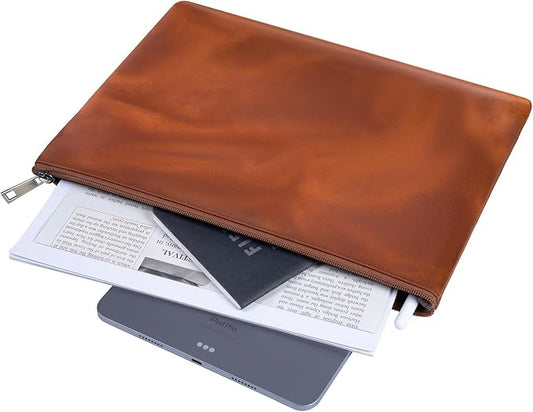 Genuine Leather A4 File Folder for Document, Leather File Folder Organizer Document Holder for Men&Women, Waterproof Portfolio Envelope Folder Case