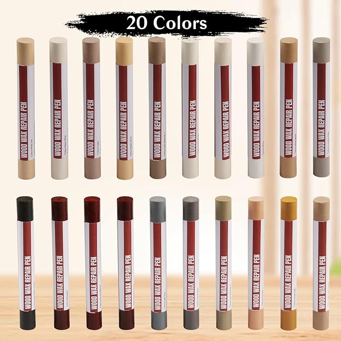 Wood Filler Sticks 20 Colors Repair Wax Sticks Kit Furniture Touch Up Crayons for Repairing Scratches Holes Cracks Wood Floor Tables Cabinets Doors Hardwood(Common Series)