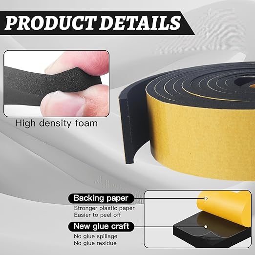 High Density Foam Tape - 1'' x 1/8'' x 13Ft Weatherproof Adhesive Prevent Condensation Heat Resistant Flame Retardant Weather Stripping Easy to Cut & Install & Remove for Car Doors Pipes Windows