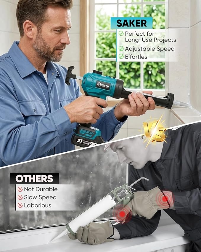 Saker Electric Caulking Gun Cordless Adjustable Speed Caulk Gun with Caulking Tools Set with LED Light 10oz/300ml for Kitchen Bathroom Filling, Sealing 2 Batteries Blue
