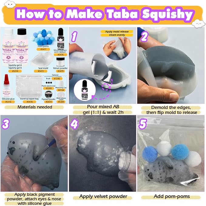 Taba Squishy Kit Seal Silicone Mold 4''+Liquid Gel+Flocking Cute Animal Maker Set