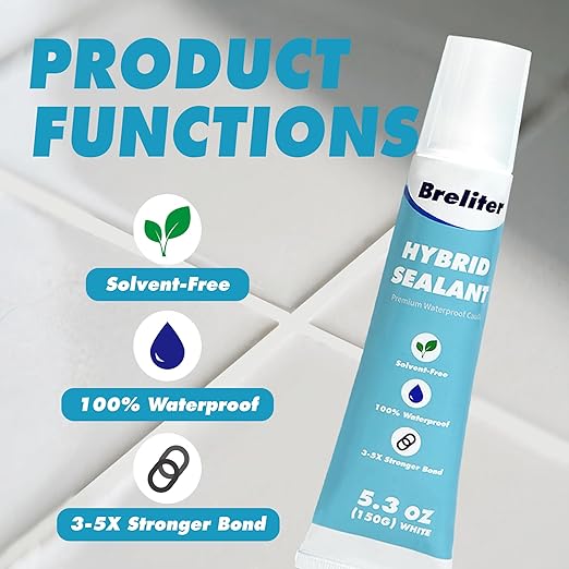 Breliter Hybrid Sealant - White Caulk for Bathtub, Bathroom, Kitchen Repair, 100% Waterproof Seal Adhesive for Tile, Stone, Metal & Glass, Paintable, Flexible & Durable (5.3 oz)