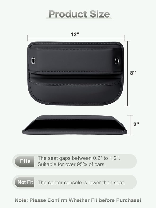 Premium Leather Car Seat Gap Filler Organizer (0.2”-1.2" Gaps), Clever Gifts for Car SUV Truck Owners (Black, 2 Pack)