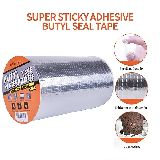 TAPEBEAR Butyl Tape Waterproof Sealing Tape Aluminum Foil Tape, for RV Repair, Window, Silicone, Glass & EDPM Roof Leak Patching, Boat and Pipe Sealing, Silver, 8inch x16feet