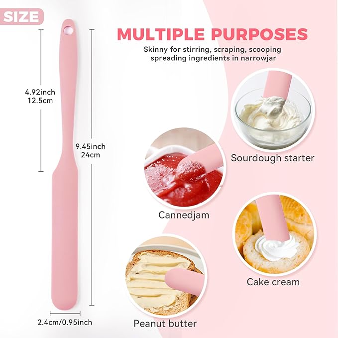 Silicone Jar Spatula Set of 4, Long Handle Skinny Spatula and Spurtle for Sourdough Starter, Flexible Jar Scraper for Peanut Butter, Jam, Icing, Cream with No Batter Left Behind (4, Pink)