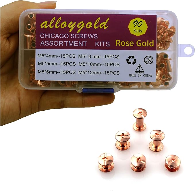 90 Sets Rose Gold Chicago Screws Leather Assorted Kit ，6 Sizes of Screw Rivets for Leather Rivet for DIY Leather Craft and Bookbinding (M5 X 4, 5, 6, 8, 10, 12)