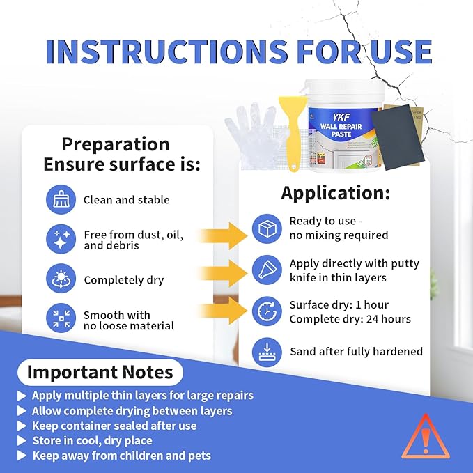 YKF Drywall Repair Kit (18 oz) - Spackle Paste with Scraper & 2X Self-Adhesive Patches (4") - Quick Dry, Waterproof Mending Agent for Large Holes, Plaster (White)