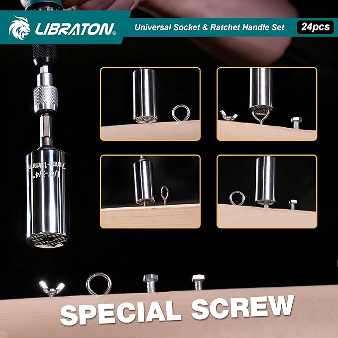 LIBRATON 24PCS Universal Socket & Ratchet T-Handle Screwdriver Set with Multi Bit Set, Magnetic Ratcheting Handle, Socket Adapter, with Storage Case, for DIY, Auto Repair