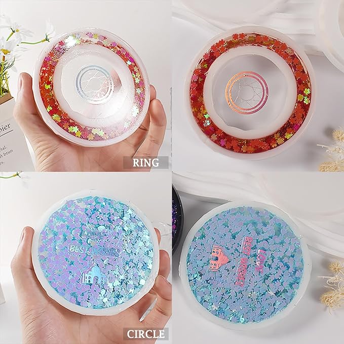 Resin Shaker Molds Set Large Round and Ring Coaster Pack of 3 Epoxy Silicone Trays Precision Tip Applicator Bottle Kit Bundle