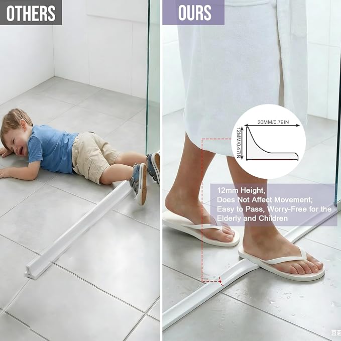 Shower Threshold Water Dam Barrier - Versatile, Silicone Shower Water Guard Stopper Seal Strip for Bathroom Floor, Bathtub Rim, Kitchen Countertop (White, 98 In/ 2.5M)