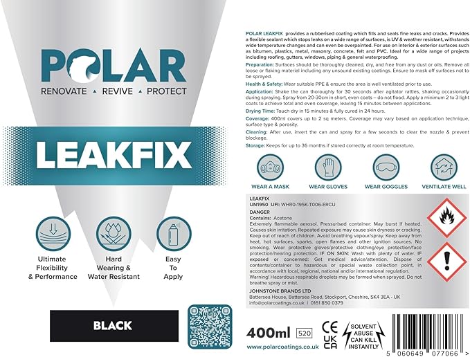 Polar Black Leak Fix Spray - 6 x 13.5fl. oz - Waterproof Roof Sealant - Instantly Seals Leaks and Cracks, for Lasting Protection on Roofs, Drainpipes & Gutter Repairs- for Interior and Exterior Use